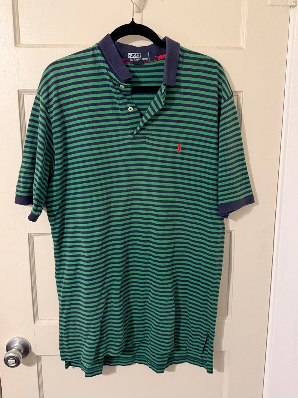 Polo by Ralph Lauren Green & Navy Striped Polo with Red Pony
